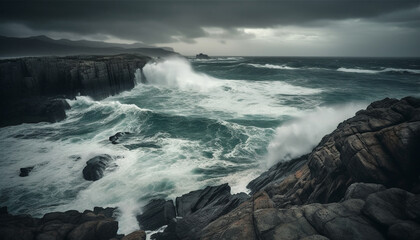 Fototapeta premium Breaking waves crash against rocky coastline, dramatic sky above horizon generated by AI