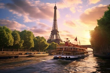 A boat sails by the iconic Eiffel Tower as it cruises down the river. Generative AI