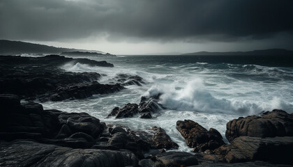 Breaking waves crash against dark cliff on wet coastline generated by AI