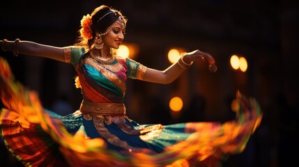 Beautiful woman in traditional indian costume dancing in the evening light - obrazy, fototapety, plakaty