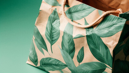Green leaf patterned shopping bag with yellow handle, modern design generated by AI