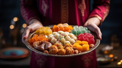 Close up of woman hands holds plate full of indian sweets