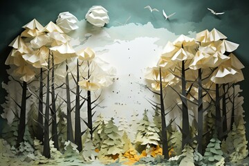 Artistic representation of forest transformation through weather, featuring paper cutouts and origami. Generative AI
