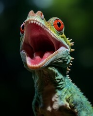 Fototapeta premium A jovial iguana appears to be singing with its mouth wide open, basking in outdoor delight. The reptile's happy demeanor adds a funny and unique touch to the natural surroundings
