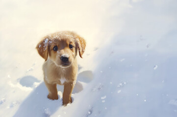 Cut puppy in the snow with copy space created with Generative AI technology