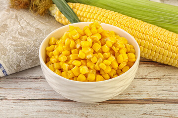 Canned yellow corn in the bowl