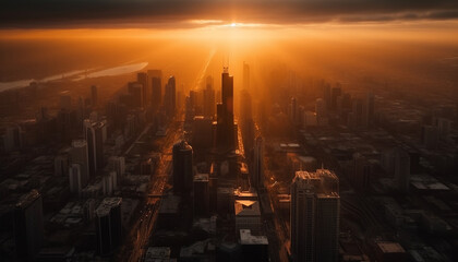 Fototapeta na wymiar Modern city skyline glows at dusk with panoramic aerial view generated by AI