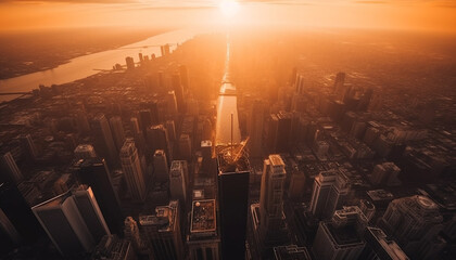 Glowing skyscrapers illuminate the city skyline at sunset, a modern metropolis generated by AI