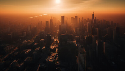 Fototapeta na wymiar Modern city skyline glows with illuminated skyscrapers at twilight generated by AI