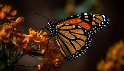 Vibrant monarch butterfly wing in close up, pollinating yellow flower generated by AI