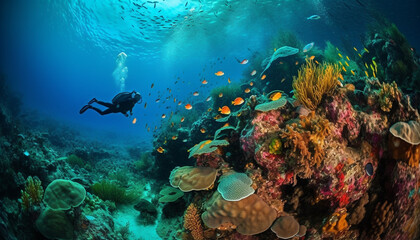Naklejka na ściany i meble Swimming with multi colored sea life in tropical reef below water generated by AI