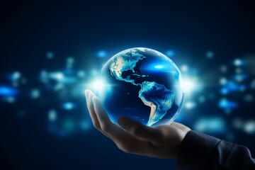 Hand hands holding earth planet hologram infographics ecology ai artificial intelligence cyberspace climate pollution protection nature care responsibility environmentalism technology modern solutions
