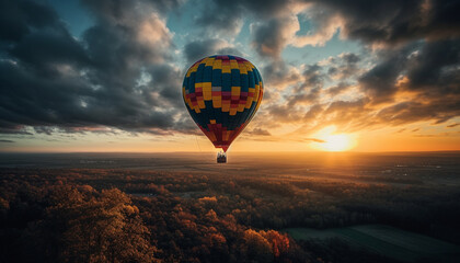 Multi colored hot air balloon flying high above nature landscape generated by AI