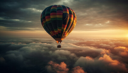 Multi colored hot air balloon flying high in the blue sky generated by AI