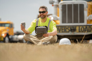 Builder worker relaxed after work on coffee break. Builder break relax time. Worker on lunch break....