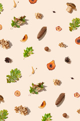 Oak leaf, nut, mushroom, dried linden blossom, cone, rose hip, hydrangea, dried apple, dried pear on a beige background. Sustainable Holidays. Pattern, autumn season minimal wallpaper concept