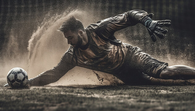 Competitive soccer athlete determined to win championship on playing field generated by AI