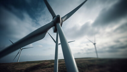 Wind turbines spinning in a row, powering sustainable industry generated by AI - obrazy, fototapety, plakaty