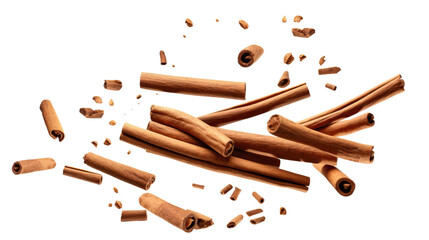 Falling cinnamon sticks isolated on transparent or white background