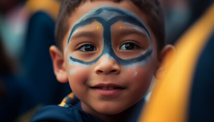 Cute schoolboy smiling with face paint, enjoying playful creativity outdoors generated by AI