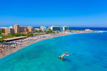 Aerial view of Elli beach on Rhodes island, Dodecanese, Greece, Europe