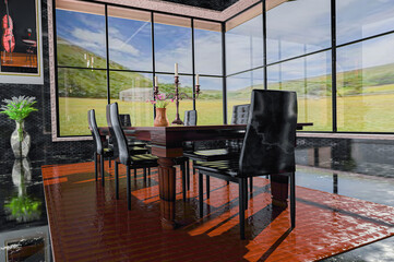 Luxury dining room interior of contemporary residence with country view. Eye level angle. Interior design and decor. 3d Render.