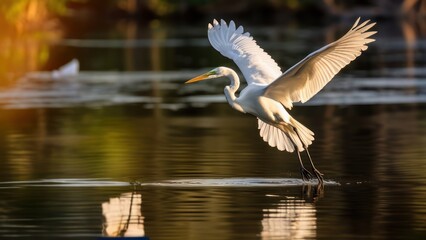 White heron in flight over water, against the background of nature