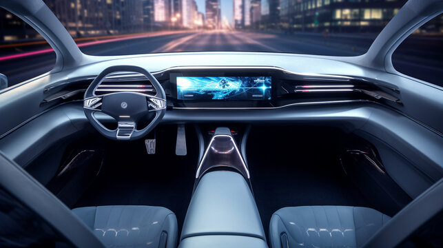 AI-Driven Autonomous Vehicle: Futuristic Cockpit with Head-Up Display and Digital Dashboard