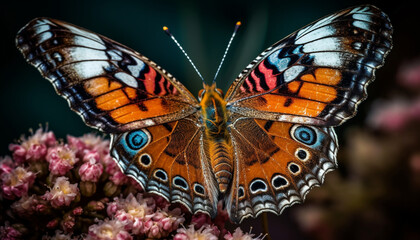 Vibrant butterfly in nature, multi colored wings showcase natural beauty generated by AI