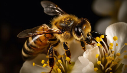 Busy honey bee collecting pollen from yellow flower in nature generated by AI