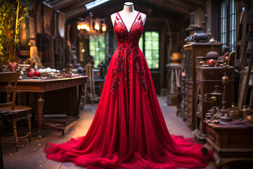 Haute couture red evening beautiful full length dress with long hem in a tailor room, atelier. Fashion details