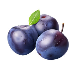 Plums isolated on white and transparent background. Half of blue plum fruit