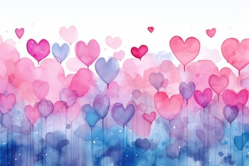 Multicolored watercolor hearts on a background of pink clouds, valentine, wedding invitation, banner - obrazy, fototapety, plakaty
