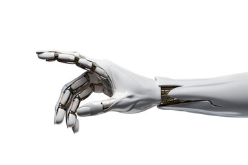 White cyborg robotic hand pointing his finger - 3D rendering isolated on free PNG background. - obrazy, fototapety, plakaty