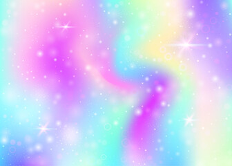 Hologram background with rainbow mesh. Trendy universe banner in princess colors. Fantasy gradient backdrop. Hologram magic background with fairy sparkles, stars and blurs.