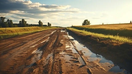 Dirt road with mud and grass with sunset light - obrazy, fototapety, plakaty