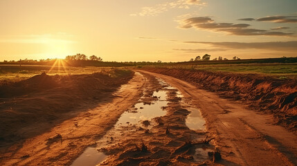 Dirt road with mud and grass with sunset light