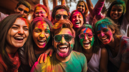 Happy group of Indian people celebrating Holi the Hindu Festival of Colours, Love and Spring