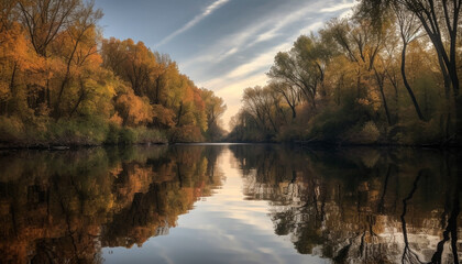 Tranquil autumn forest reflects vibrant multi colored beauty in nature generated by AI