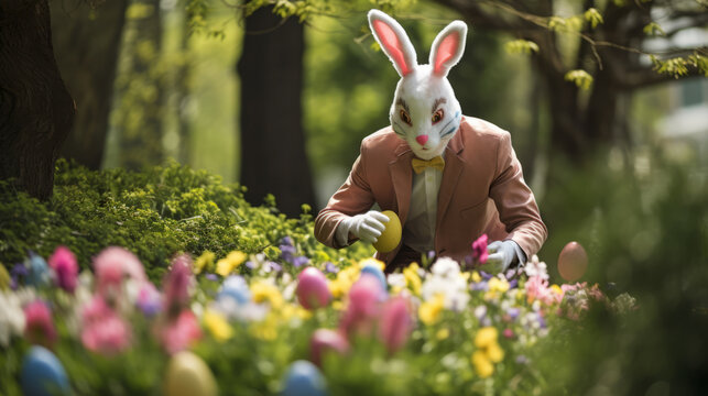 Man costumed in easter bunny hiding eggs in a garden