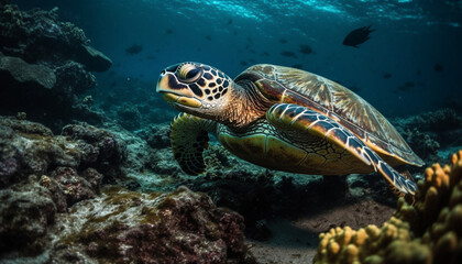 Naklejka na ściany i meble Green hawksbill turtle swims in tranquil underwater reef landscape generated by AI