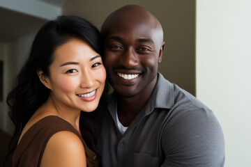 Portrait of a happy mixed couple with a black african man and asian chinese woman - obrazy, fototapety, plakaty