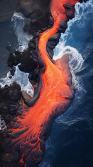 Aerial top down view of a lava stream reaching the coast and dropping to the sea