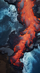 Aerial top down view of a lava stream reaching the coast and dropping to the sea