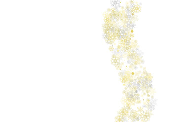 Gold snowflakes frame on white background. New year theme. Horizontal shiny Christmas frame for holiday banner, card, sale, special offer. Falling snow with gold snowflake and glitter for party invite