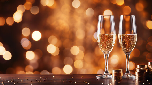 Two glasses of champagne on a festive background with bokeh and golden colors , new year eve diner backdrop concept with copy space