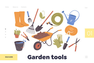 Landing page online service offering variety in assortment of garden tools for work in orchard