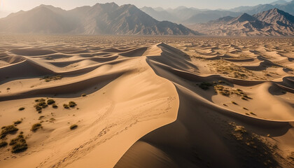 Fototapeta na wymiar Rippled sand dunes in arid Africa, majestic mountain range backdrop generated by AI