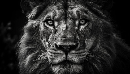 Majestic lion staring, close up portrait of a powerful hunter generated by AI