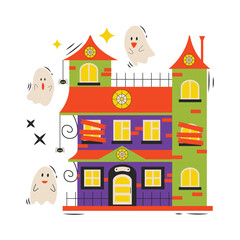 Obraz premium Set of cartoon Halloween elements. Old scary house with spiders and ghosts.